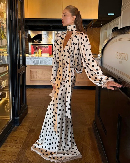 Elegant Beige Black Polka Dot Satin Two Piece Set with Bishop Sleeves