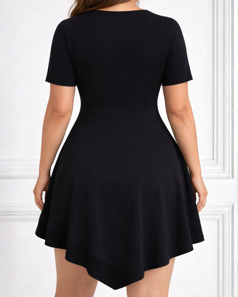 Women's Plus Size Color Block Short Sleeve V-Neck Twist Front A-Line Dress