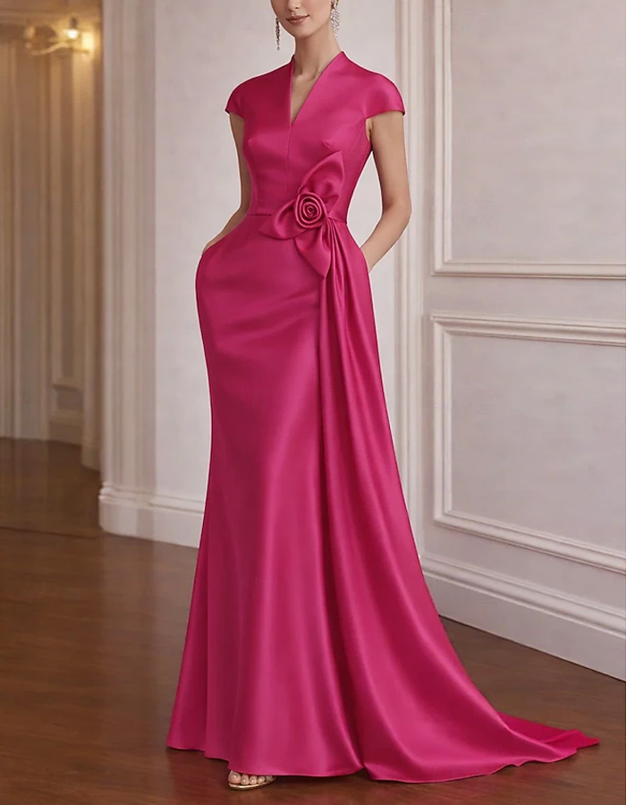 Solid Color Satin 3D Floral Train Maxi Dress