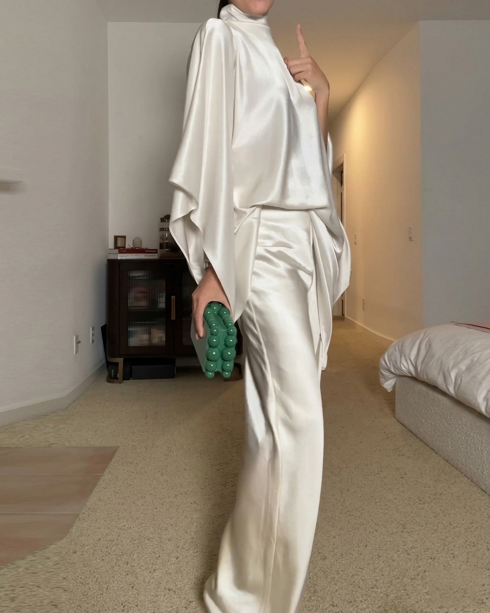 High-neck satin solid color casual two-piece set