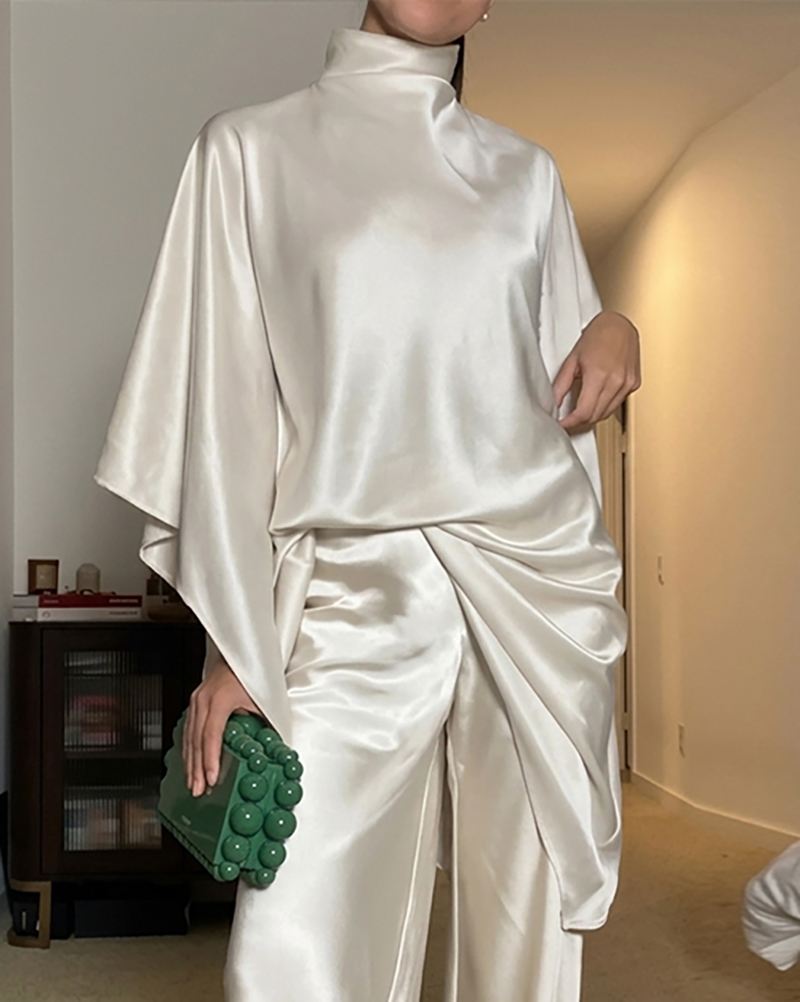 High-neck satin solid color casual two-piece set