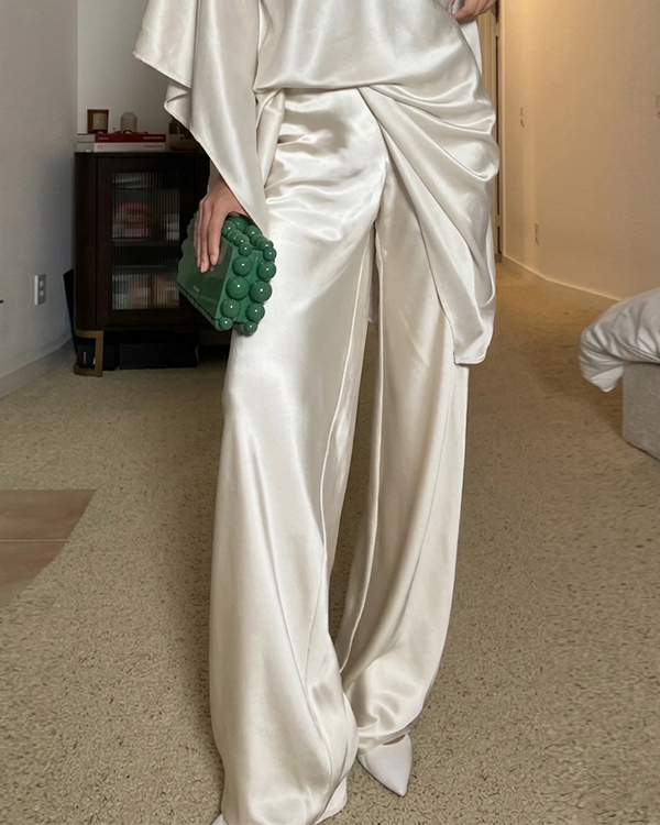 High-neck satin solid color casual two-piece set