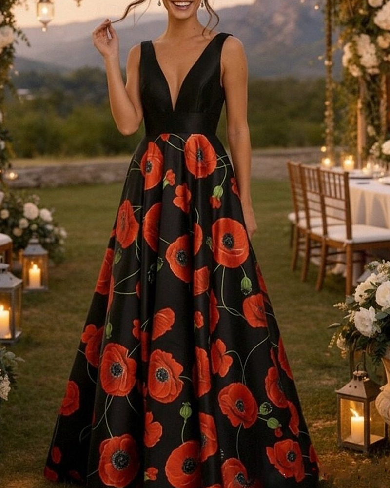 V-Neck Sleeveless Flowers Floral Print A-Line Women Evening Dress
