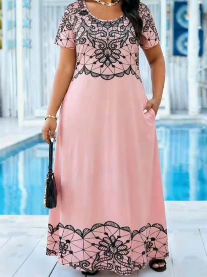Plus Size Geometric Lace Print Maxi Dress