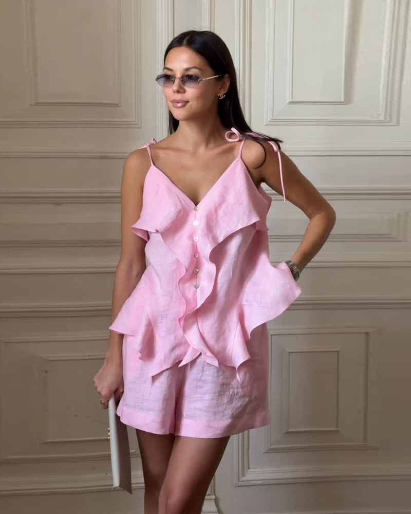 [Copy]Dusty Pink Floral Kaftan Top & Wide Leg Pants Set