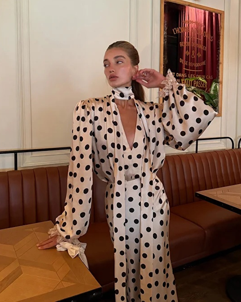 Elegant Beige Black Polka Dot Satin Two Piece Set with Bishop Sleeves