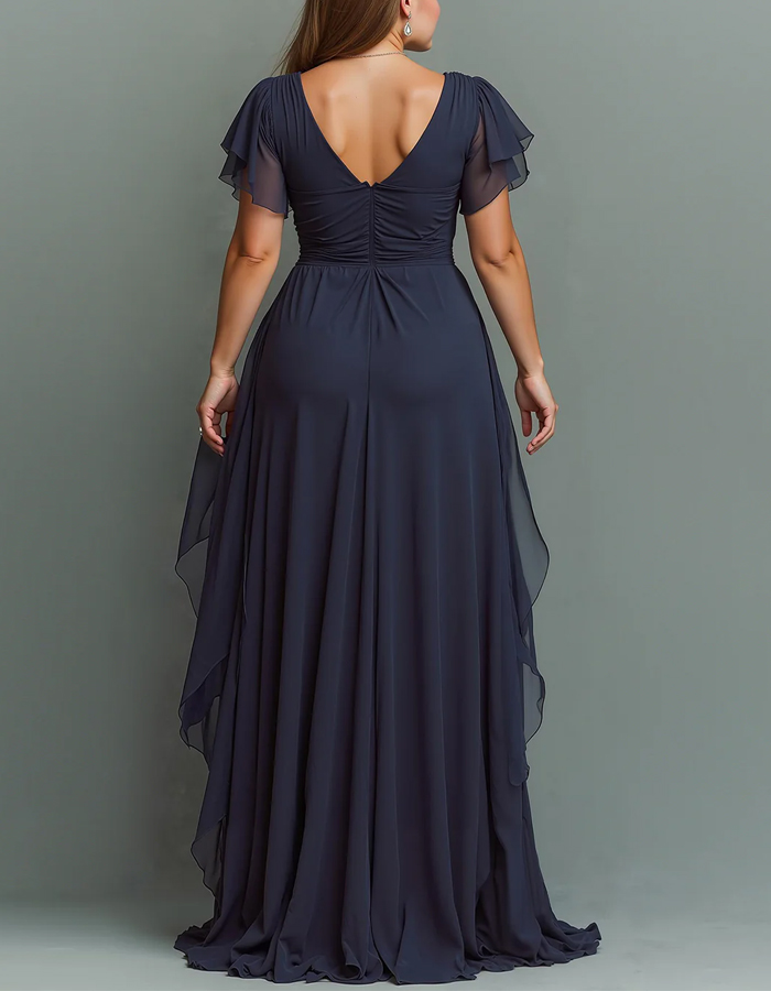 Dark Blue V-neck Chiffon Layered Maxi Dress