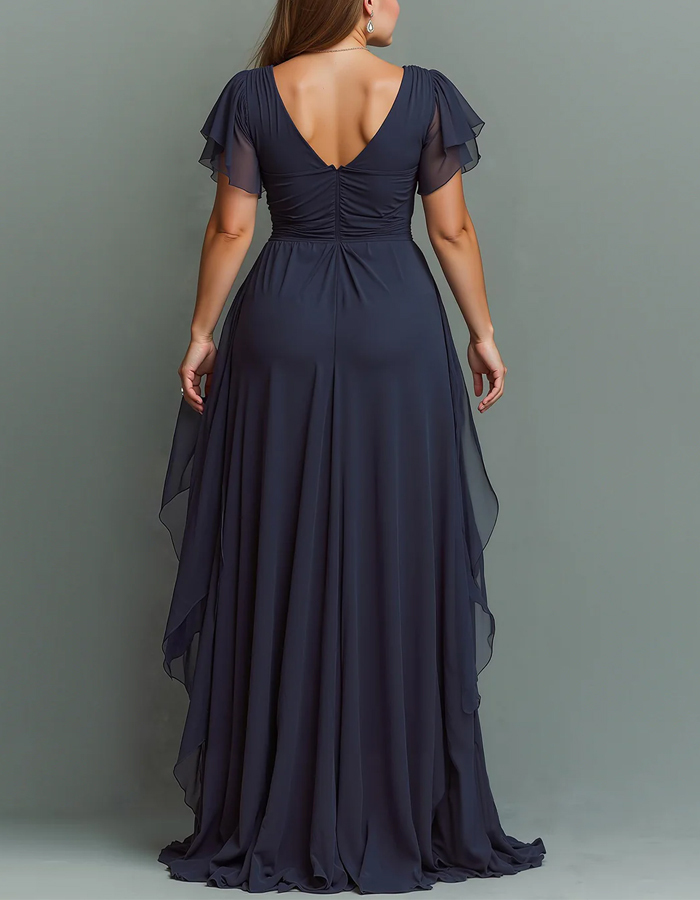 Dark Blue V-neck Chiffon Layered Maxi Dress
