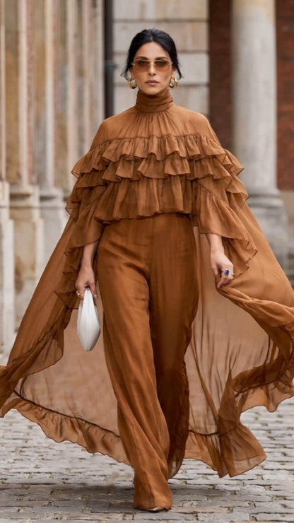 Tiered Ruffle Cape Overlay and Wide Leg Pants Two-Piece Set