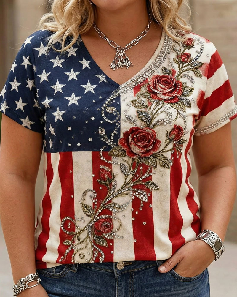 Plus Size American Flag Rose Print Rhinestone V-Neck Blouse