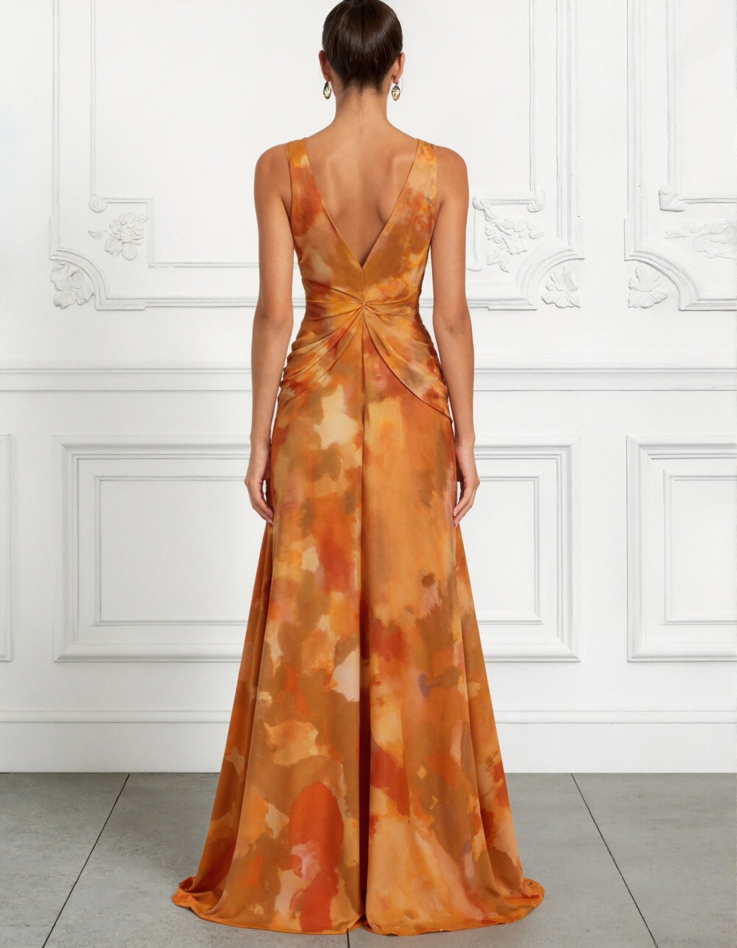 Warm Orange Tie Dye Print V-Neck Knot Maxi Dress