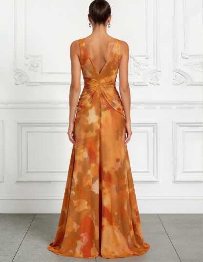 Warm Orange Tie Dye Print V-Neck Knot Maxi Dress