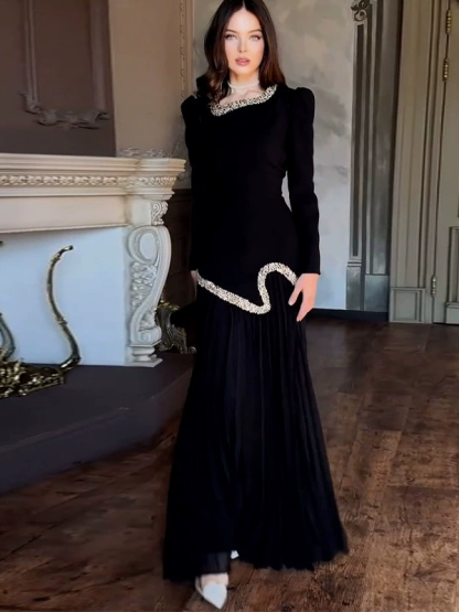 Luminous Pure White Long Dress Set with Rhinestone Trim