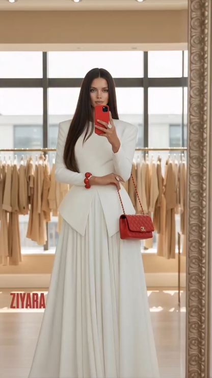 Elegant White Two Piece Set, High Neck Blazer Top & Pleated Maxi Skirt Formal Outfit