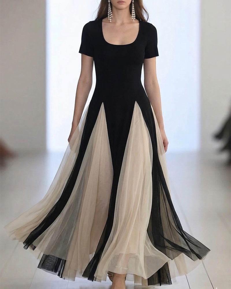 Elegant Black Beige Colorblock Tulle Maxi Dress, Vintage U-Neck Short Sleeve A-Line Evening Gown