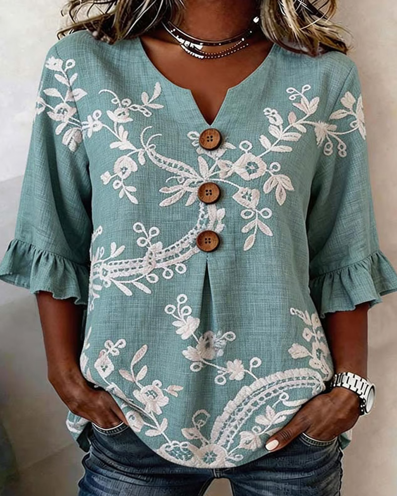 Women'S Casual Printed Top With Ruffle Sleeves