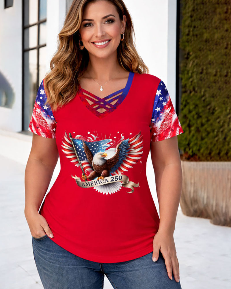 Plus Size America 250 Eagle Print Criss Cross Neck T-Shirt