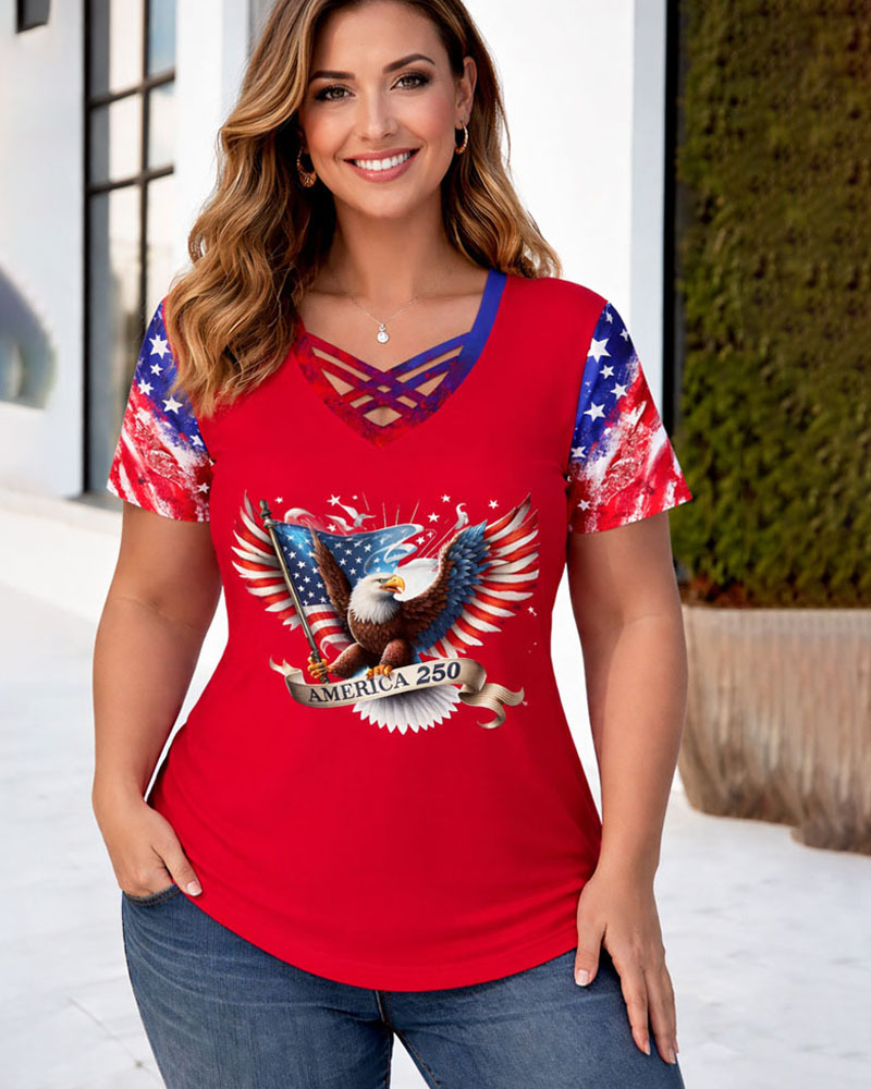 Plus Size America 250 Eagle Print Criss Cross Neck T-Shirt