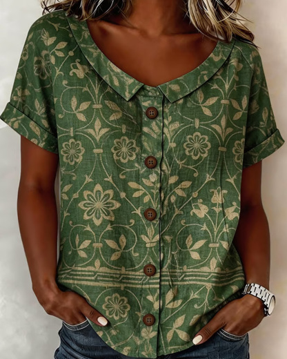 Plus Size Casual Color-Blocked Print Top