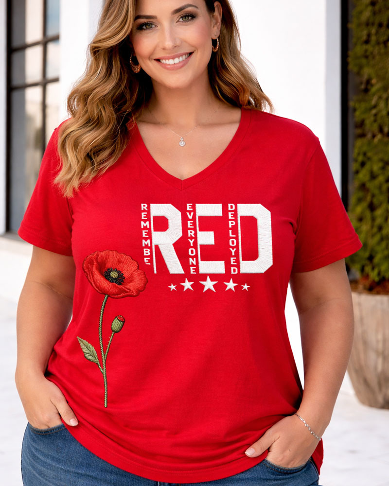 Plus Size Women's Red Friday Inspired Print V-Neck T-Shirt