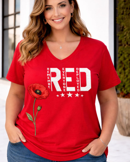 Plus Size Women's Red Friday Inspired Print V-Neck T-Shirt