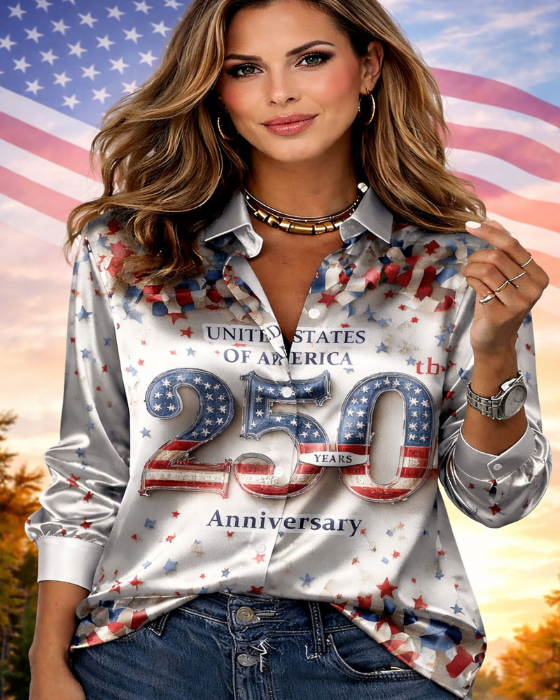 Plus Size USA 250th Anniversary Print Satin Button Down Shirt