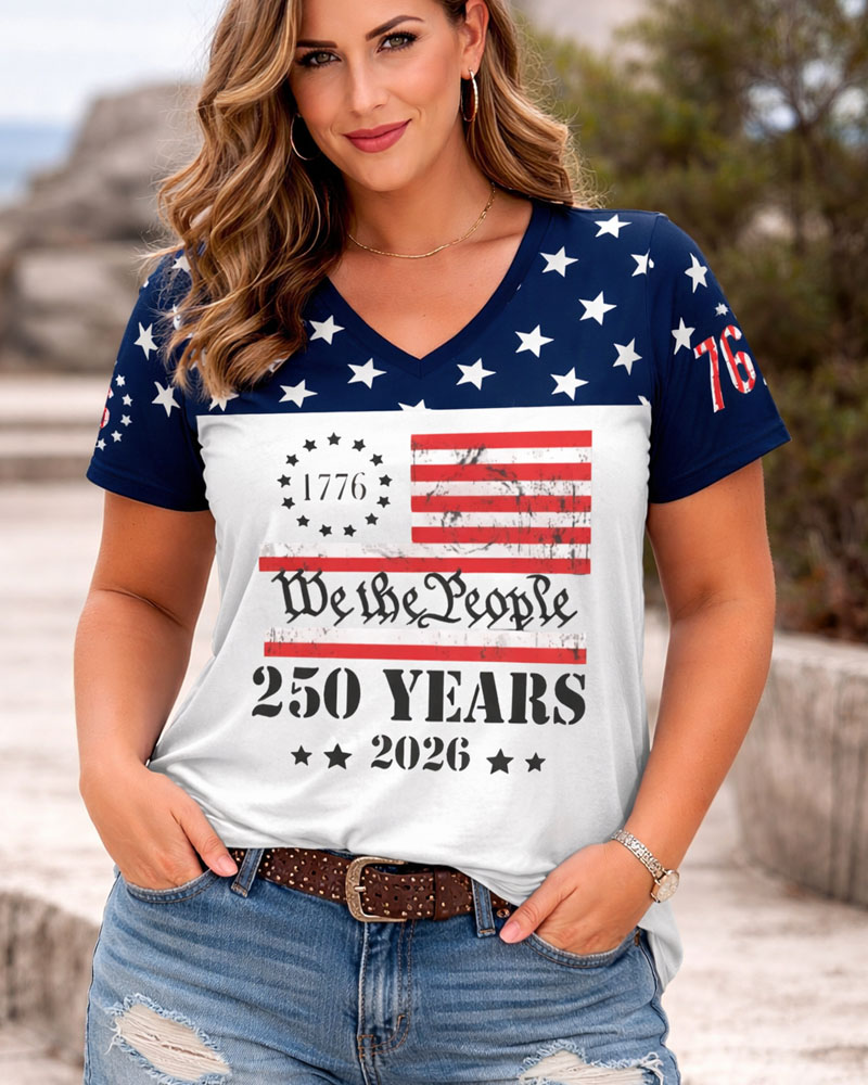Plus Size We The People 250 Years American Flag Print V-Neck T-Shirt