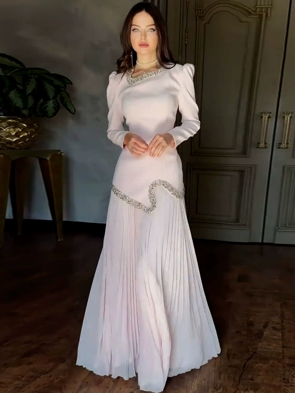Luminous Pure White Long Dress Set with Rhinestone Trim