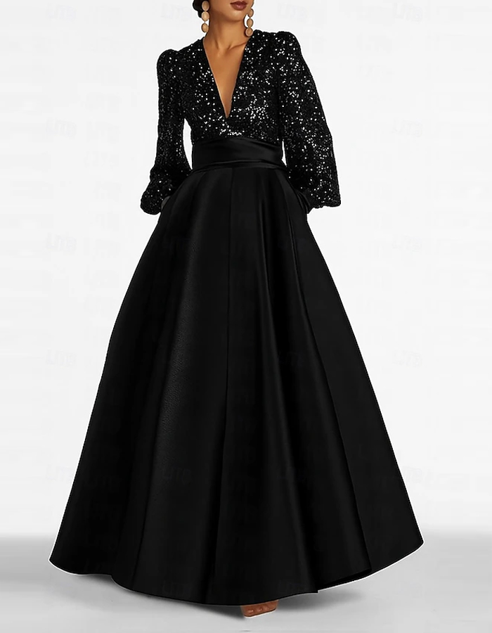 Sequined A-line Long Sleeved V-neck Maxi Dress
