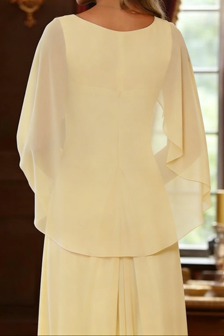 Scoop-Neck Cape-Sleeves Jacquard Chiffon Pleated Floor-Length A-Line Mother of the Bride Dress