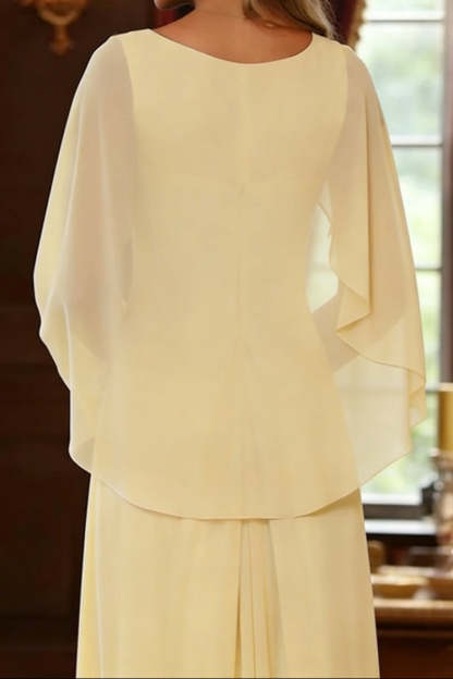 Scoop-Neck Cape-Sleeves Jacquard Chiffon Pleated Floor-Length A-Line Mother of the Bride Dress