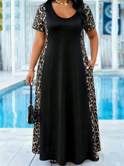 Plus Size Leopard Print Patchwork Maxi Dress