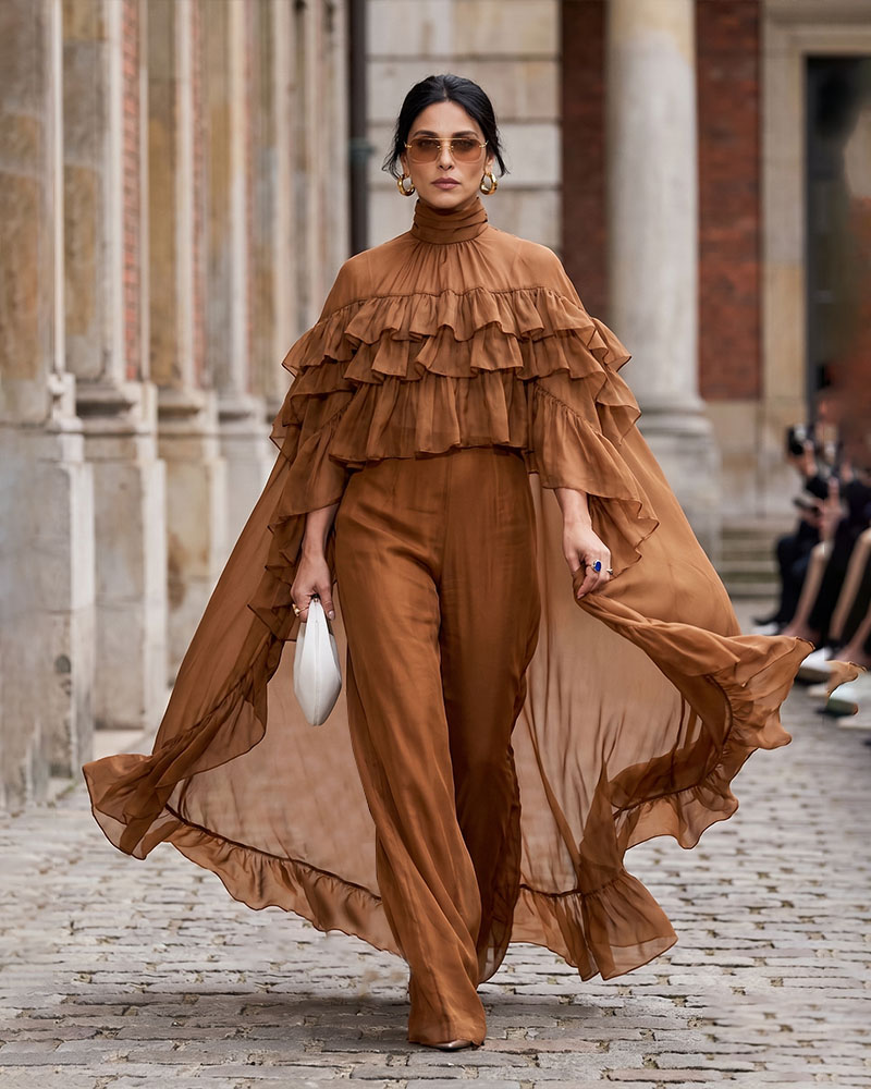 Tiered Ruffle Cape Overlay and Wide Leg Pants Two-Piece Set