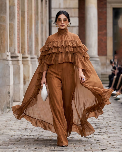 Tiered Ruffle Cape Overlay and Wide Leg Pants Two-Piece Set