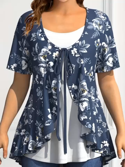 Plus Size Women's Chiffon Spliced Fake Two Piece Top