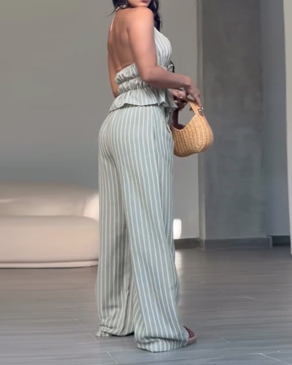 Sleeveless Striped Print Casual Two-Piece Set