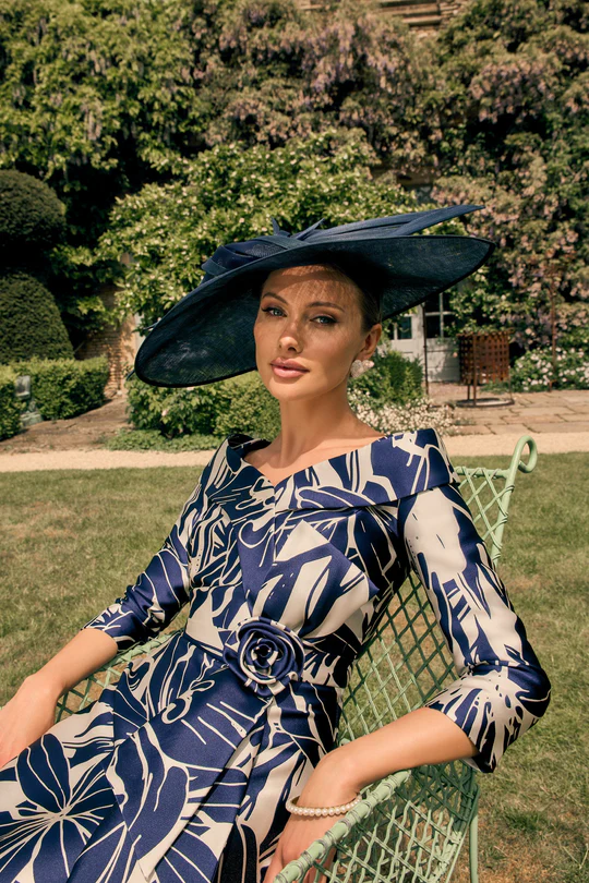 Navy Floral Print Belted Midi Dress