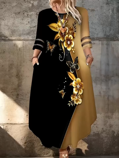 Plus Size Butterfly Floral Print Maxi Dress