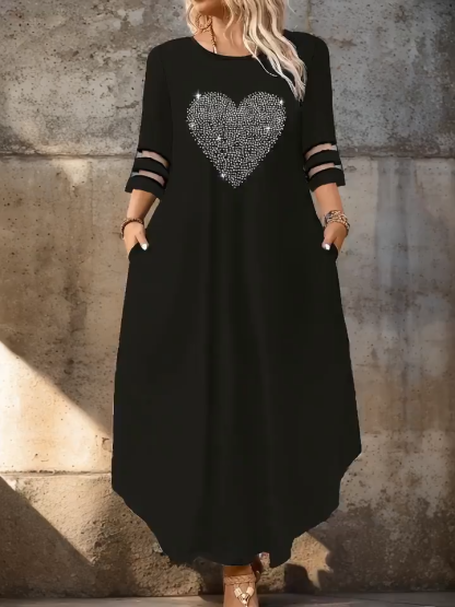 Plus Size - Elegant Women's Round Neck Heart-Shaped Rhinestone Mesh Spliced Three-Quarter Sleeve Dress