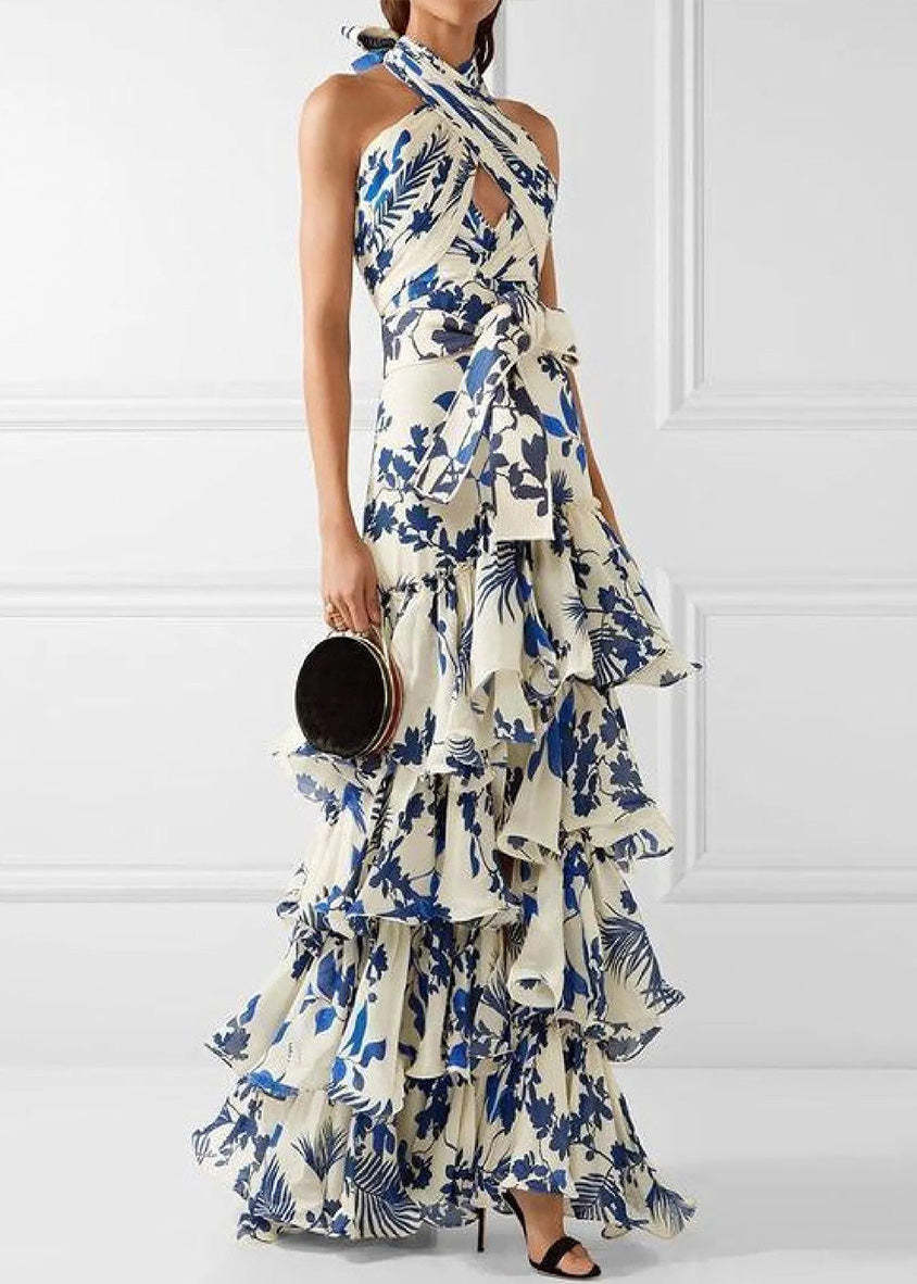 Bohemian Vacation Style Ruffled Print Dress Sleeveless