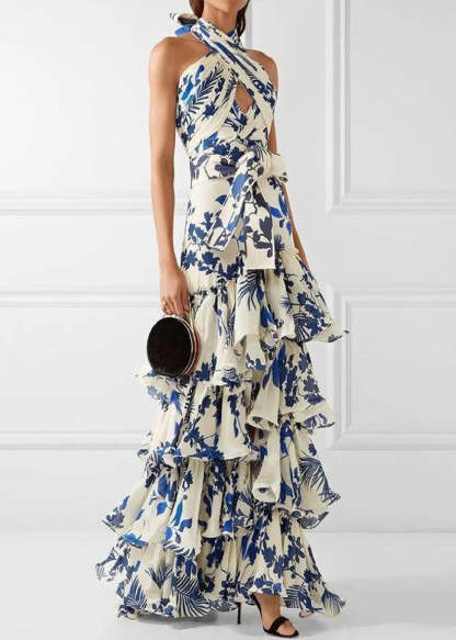 Bohemian Vacation Style Ruffled Print Dress Sleeveless