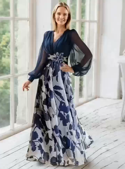 Navy Blue Floral Print Chiffon Long Sleeve Maxi Dress with Flower Belt