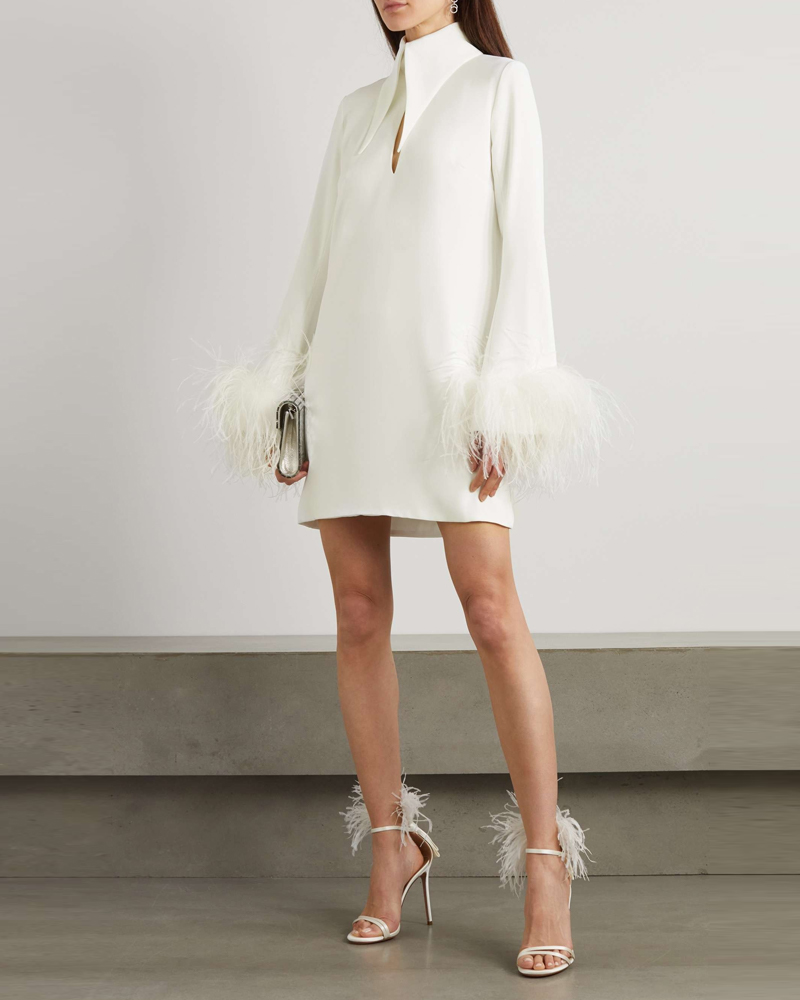 Elegant White Feather Cuff High Neck Mini Dress, Formal Party Dress