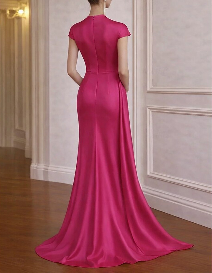 Solid Color Satin 3D Floral Train Maxi Dress
