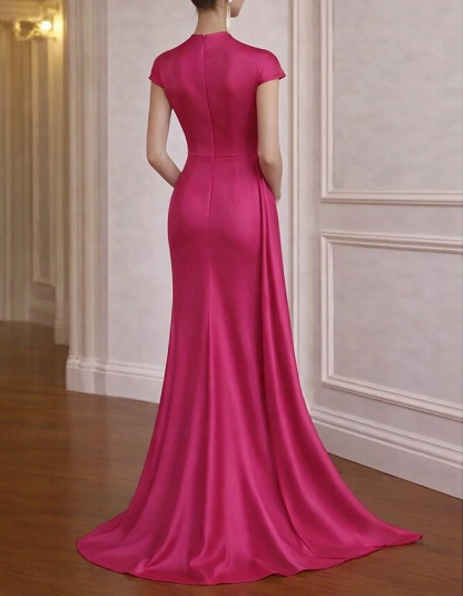 Solid Color Satin 3D Floral Train Maxi Dress