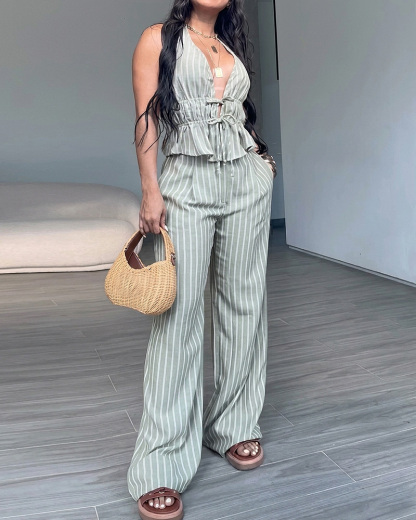 Sleeveless Striped Print Casual Two-Piece Set