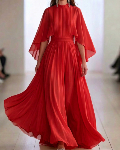 Elegant Pleated Cape Sleeve Maxi Dress, Flowy Chiffon Formal Evening Gown