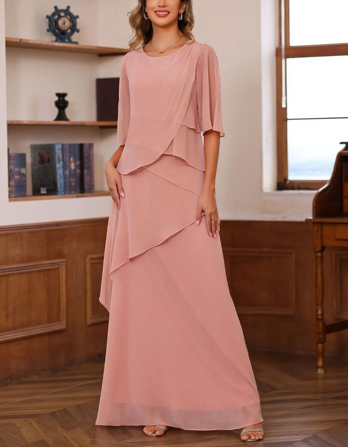 Solid Color Chiffon With Irregular Layering Maxi Dress