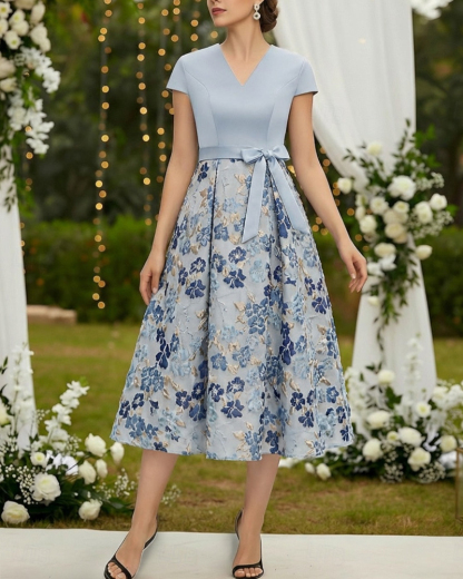 Bow Sleeveless A-Line Floral Print Tea-Length Evening Dress