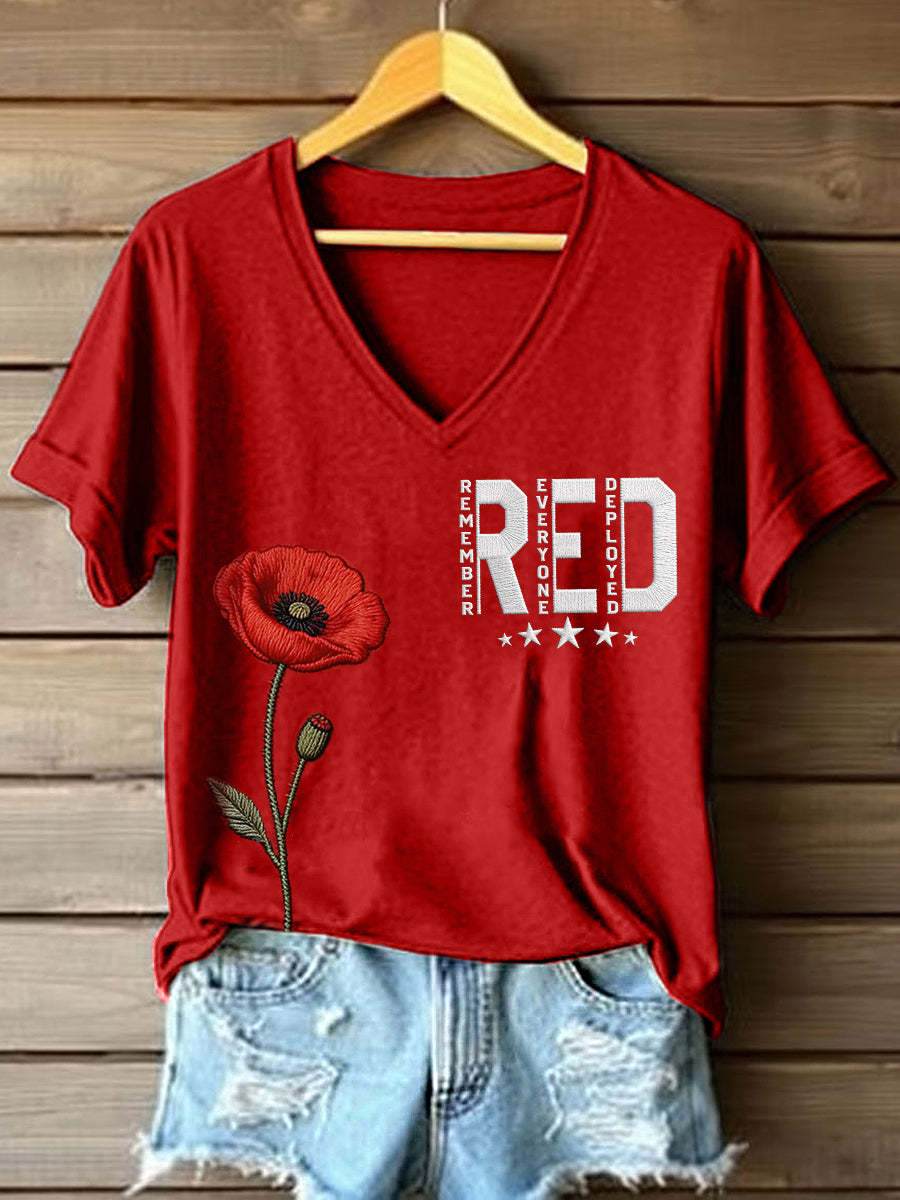 Plus Size Women's Red Friday Inspired Print V-Neck T-Shirt